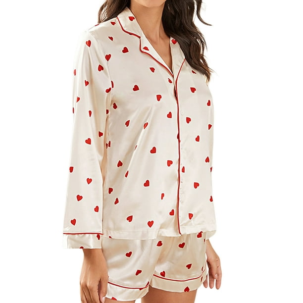 WIFORNT Women Pajama Set, Heart Print Long Sleeve Button Closure Shirt with  Shorts Sleepwear Loungewear