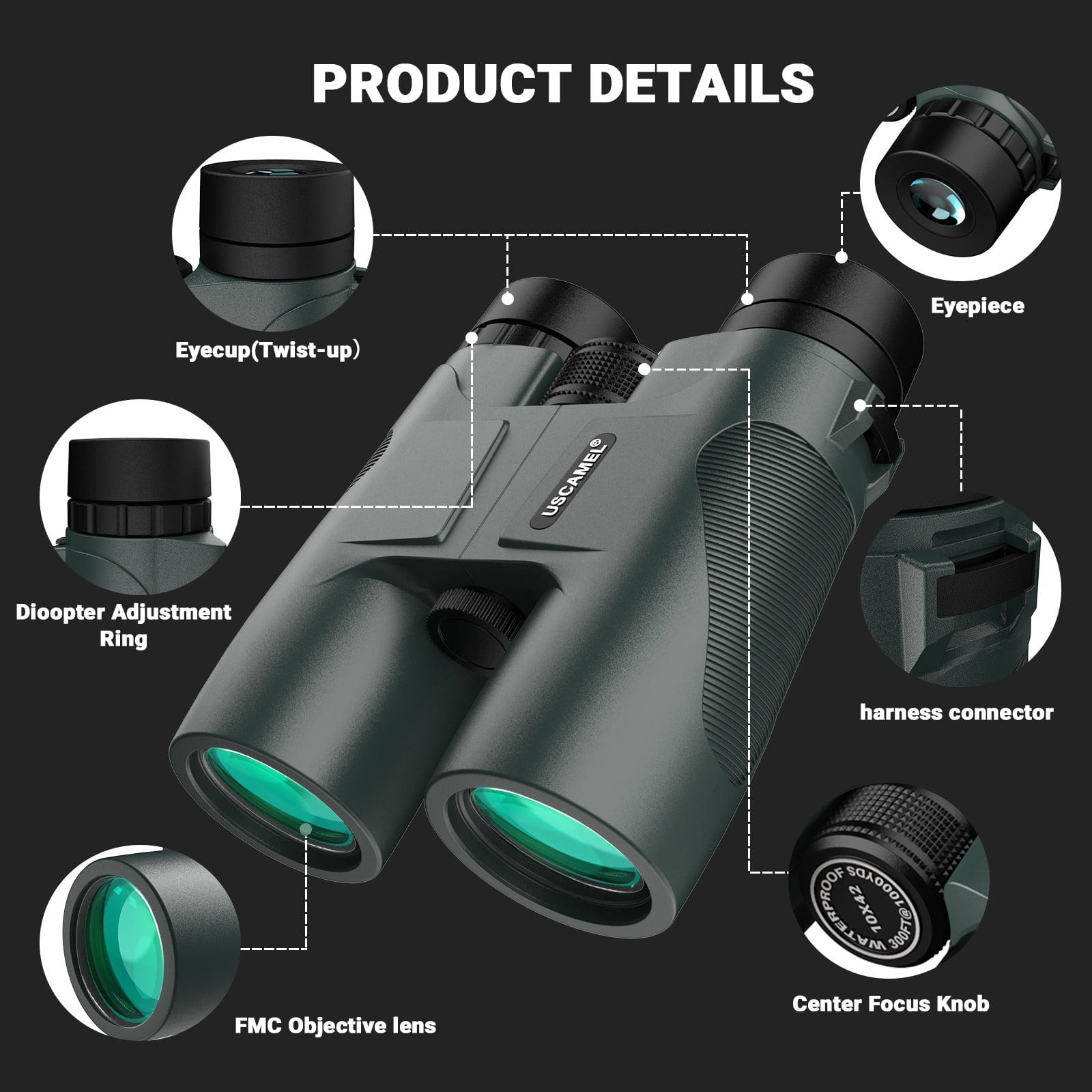 USCAMEL 10x42 Binoculars for Adults, BAK4 FMC Binoculars with Low Night Vision, Clear Image Compact Professional Hunting Binoculars Waterproof for Bird Watching, Traveling