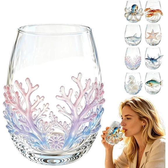 Artisanal Blue Ringed Octopus Glassware, 3D Octopuses Stemless Wine Glasses, Handcrafted Marine Animal Bar Glass for Coastal Home Decor Ocean Lovers (Coral)