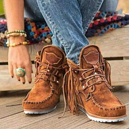 

Hunpta Boots For Women Boots For Women Ankle Boots Retro Suede Faux Leather Tassel Round Toe Casual Shoes