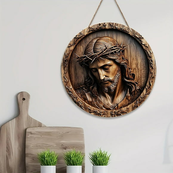 Nacimiento redondo de madera con forma de resurrección, decorativo para colgar en la pared, ideal para bautizos y el hogar.
