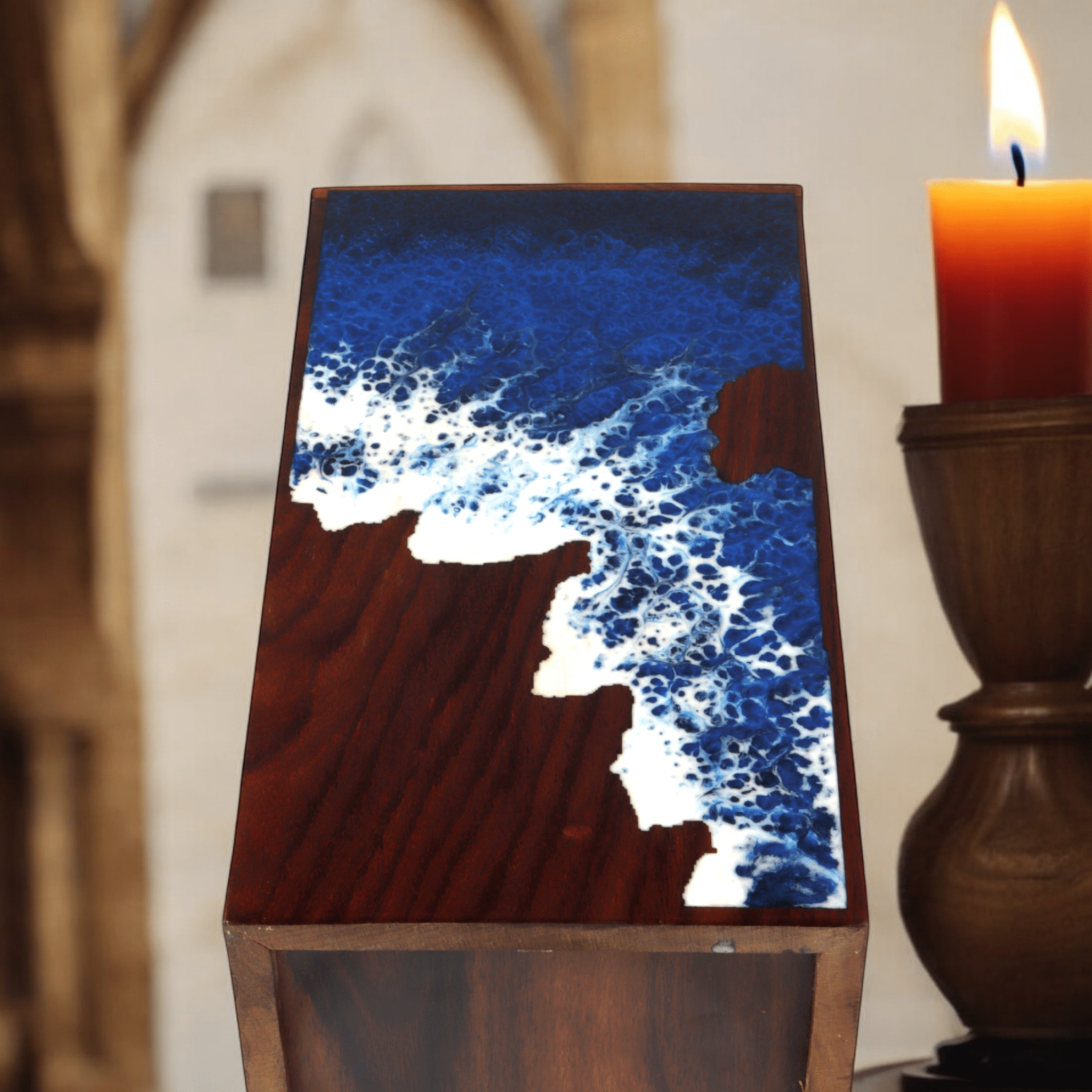Wooden Cremation Urn for Human and Pet Ashes, Memorial Urn, Burial Urn, Keepsake Urn, Adult Urn with Epoxy Design (Medium)