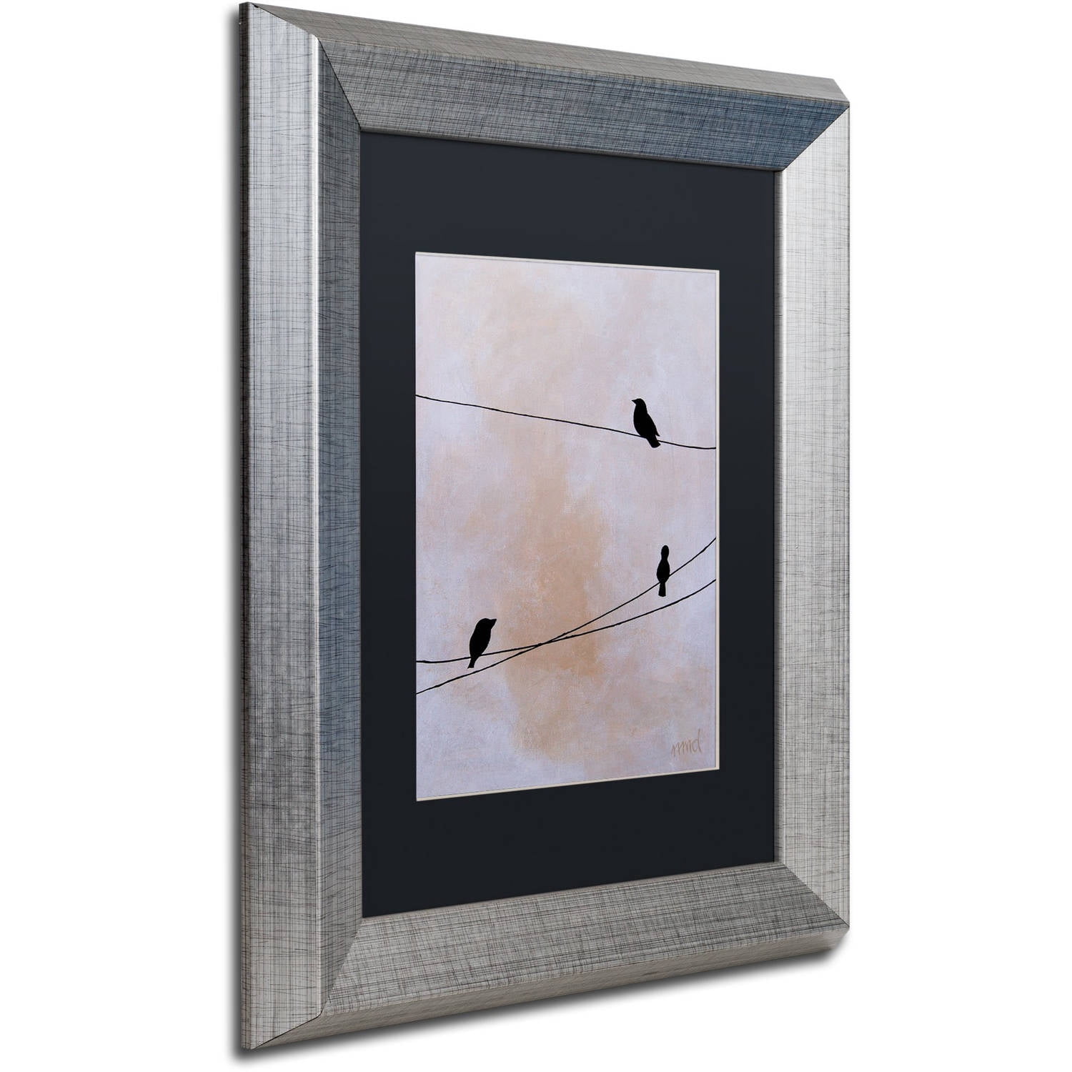 Trademark Fine Art 'Bird on Wire White' Canvas Art by Nicole Dietz, Black Matte, Silver Frame