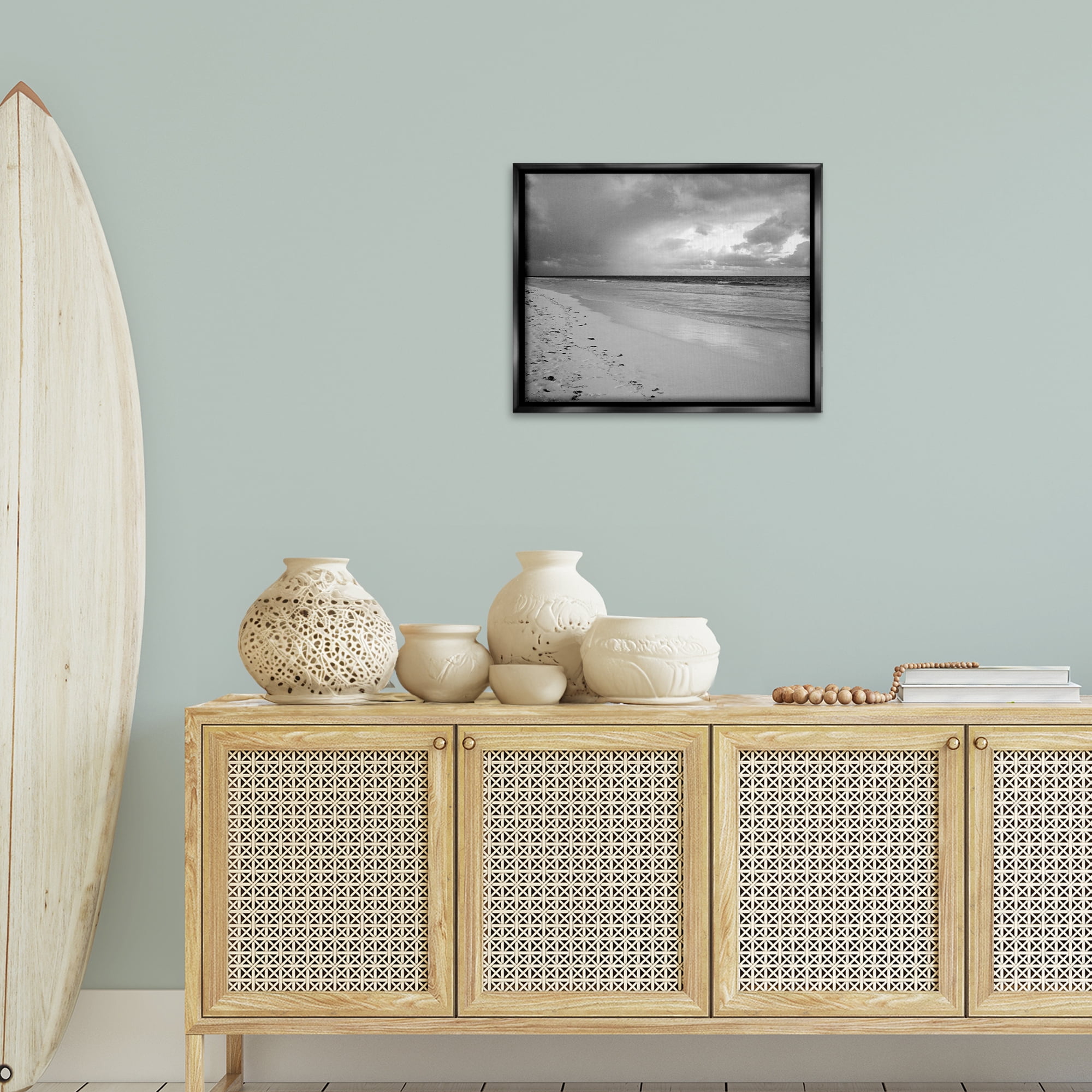 Stupell Industries Beach Shore with Footprints Coastal Photography Black Floater Framed Canvas Art Print Wall Art, 21 x 17