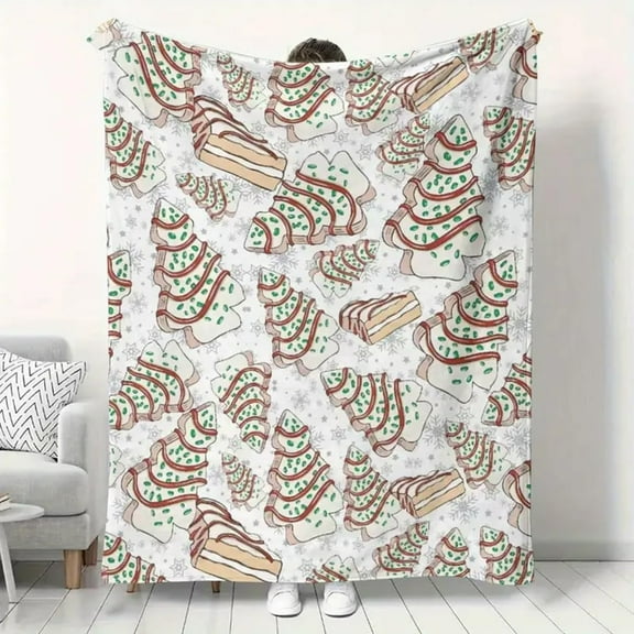 Christmas Tree Cake Blanket Plush, Christmas Throw Blanket Fleece, Soft Holiday Tree Pattern Blankets, Cozy Flannel Sofa Throw Blankets with Single Sided Cute Xmas Cakes Pattern Design(40 * 50in)