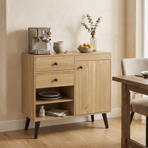 Costway 31" Sideboard Credenza Buffet Cabinet with Storage & 2 Open Compartments Natural