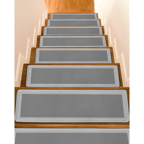 Grey Geometric Stair Treads for Wooden Steps Indoor Runner Rug Carpet, Bohemia Tribal Farm Tribal Patterned 4 Pieces Peel and Stick Staircase Step Treads Covers Washable Throw Door Mats, 30"x8"
