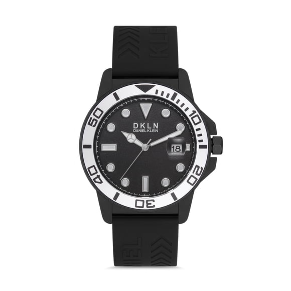 Daniel Klein Mens Wrist Watch (DK12647-1) - Silicone Strap - 44mm Analog Men's Fashion Watches - Japanese Quartz Movement - Round Indexes, Arrow Marker, Black Dial, White Bezel - Black