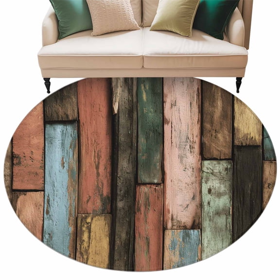 Color Wood Striped Area Rug, Vintages Blue Pink Black Wooden Grain Washable Large Circle Carpet, Non Slip Round Rug for Living Room/Bedroom/Dining Room/Home Office/Dorm