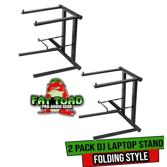 DJ Laptop Stand with Sub-Tray Shelf (2-PACK) by FAT TOAD | Folding Pro Audio Computer Tabletop Rack Stand for iPads, Mixers & Tablets | Portable PC Stand for Stage, Booth & Office