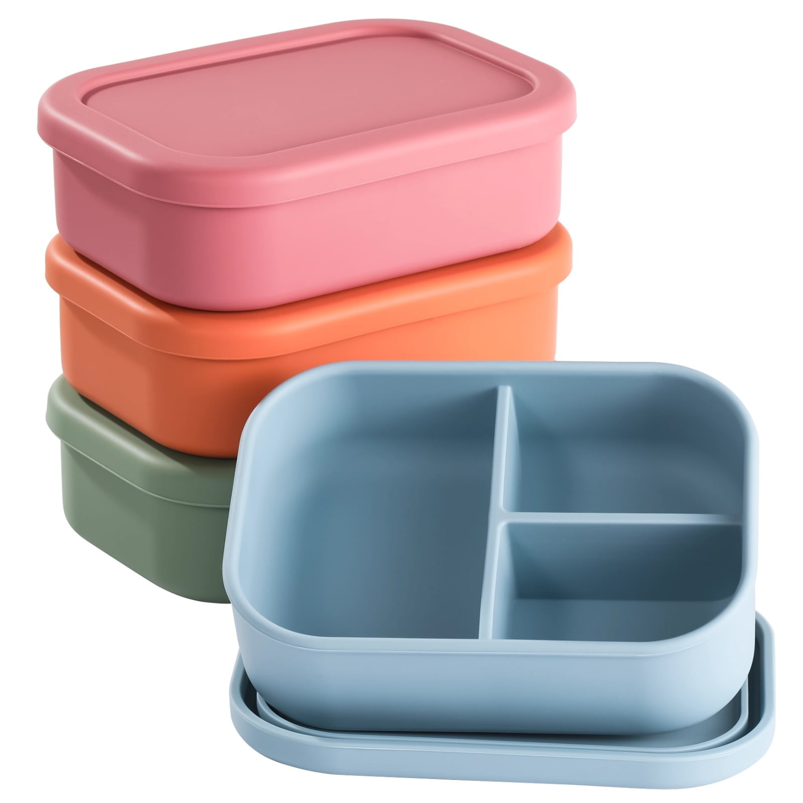 4 Pcs Silicone Bento Boxes, 3 Compartment Lunch Container, Leakproof, Microwave/Dishwasher/Freezer Safe, 7.2 x 5.3 x 2.4 in, Ideal for Office,and On-the-Go
