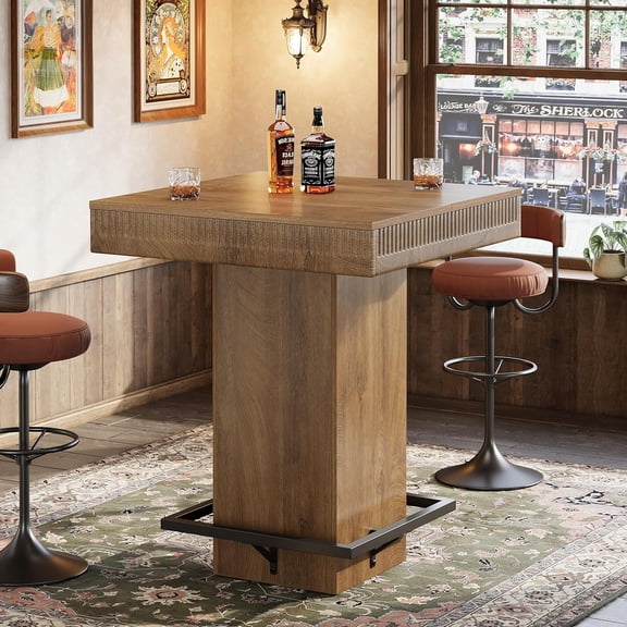 Finmind 37.4" Square Bar Table, Industrial Wooden Bistro Pub Table with Metal Footrest, High Top Cocktail Table for Kitchen, Small Space, Brown