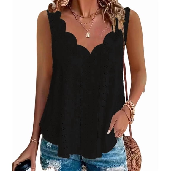 CHGBMOK Women Tank Top V Neck Sleeveless T Shirts Trendy Eyelet Basic Tank Spring Summer Solid Loose Fit Casual Tops