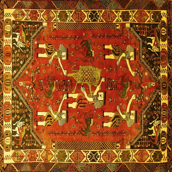 Ahgly Company Machine Washable Indoor Square Persian Yellow Traditional Area Rugs, 5' Square