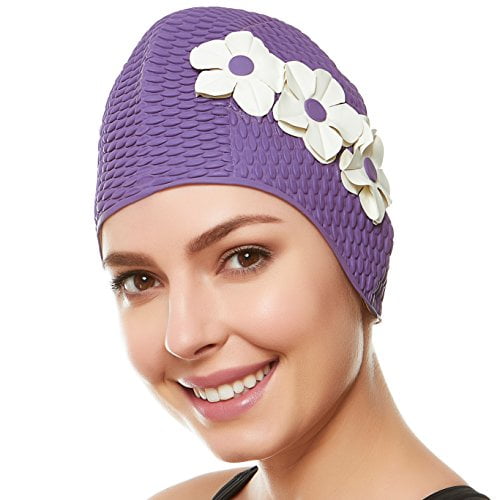 Latex Bubble Crepe Swim Bathing Cap with 3 Flowers for Women - Lavendar with White Flowers