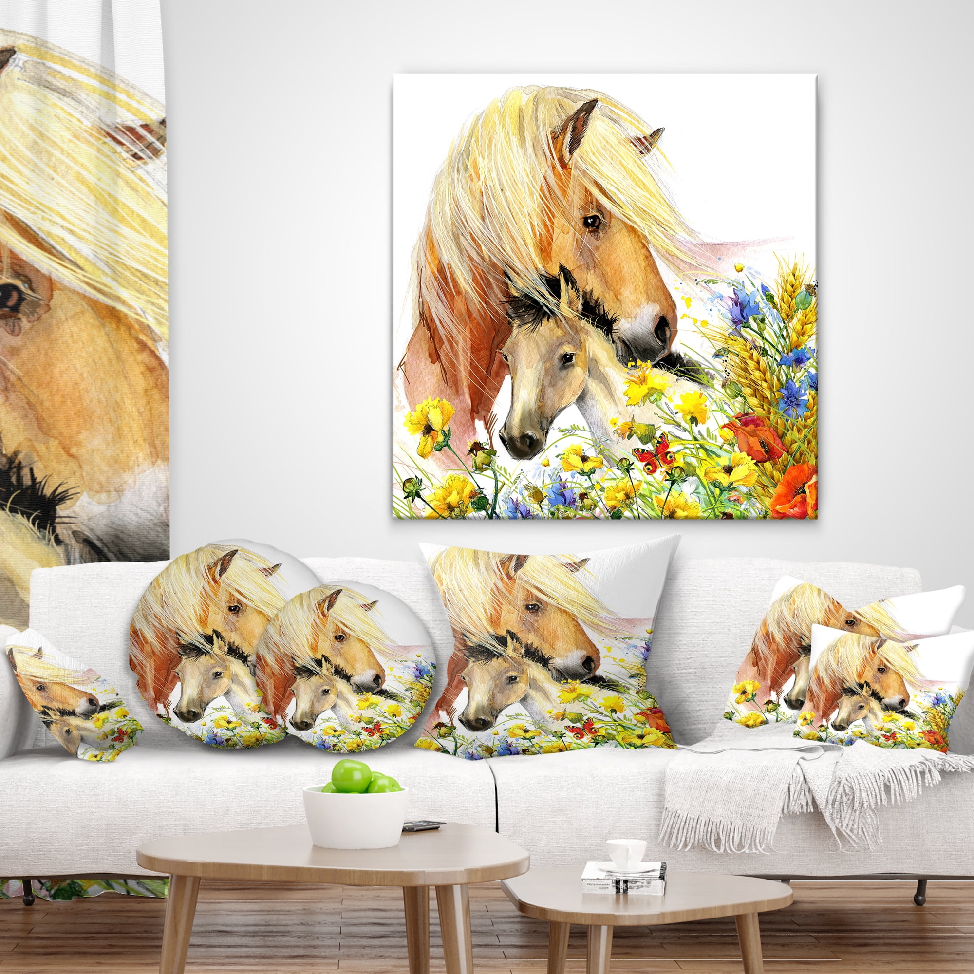 Designart Horse and Foal with Meadow - Animal Throw Pillow - 12x20