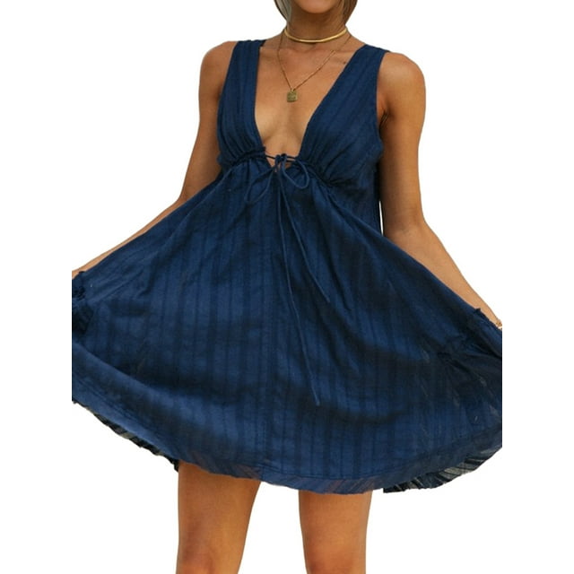Robes d'Été Sans Manches à Col en V Profond à Volants Dos Nu pour Sorties Vacances Boho Mini Bleu Marine P