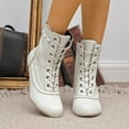 thumbnail image 2 of Rokment Women's Vintage Combat Dress Boots Retro White Black Leather Pointed Toe Kitten Heels Mid Calf Ankle Booties White Size 7.5, 2 of 8