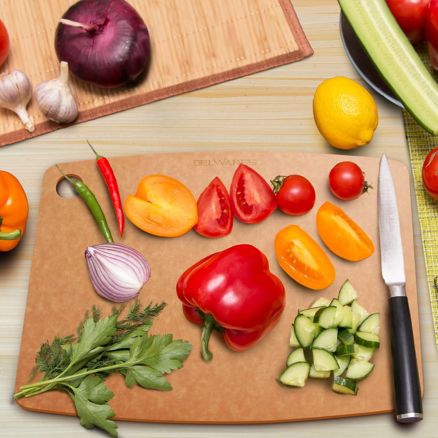 Composite Wood Cutting Board for Kitchen, Extra Large 18 x 12 Inch, Dishwasher Safe, Thin Rectangular Chopping Board, Natural, Belwares