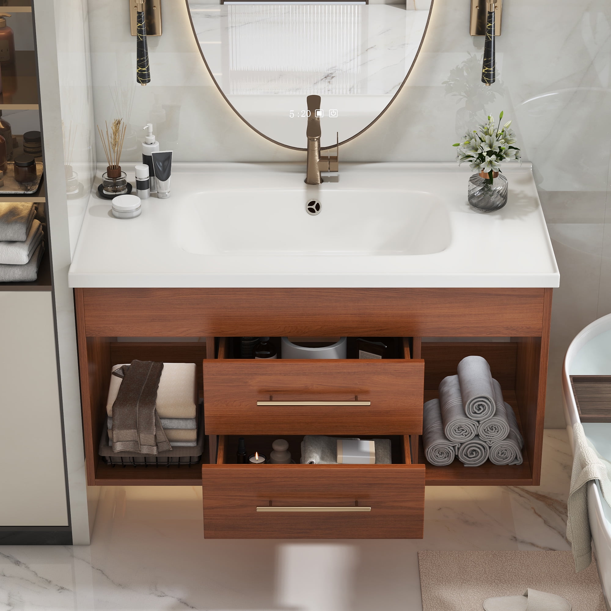 35.4" Mid-Century Modern Bathroom Vanity with Integrated Ceramic Sink, Freestanding Vanity with 2 Drawers & Open Shelf, White and Walnut