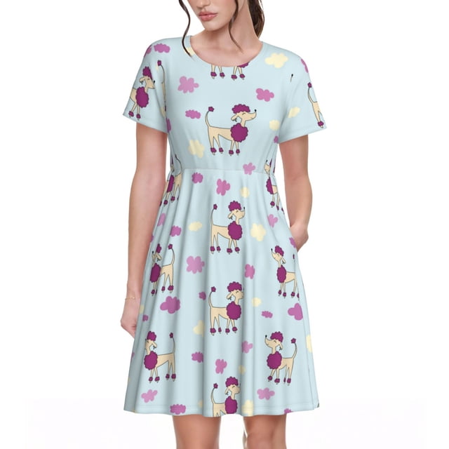 Balery Poodle Dog Vestidos sueltos de manga corta para mujer, vestidos de verano 2025, vestidos casuales de corte A con vuelo.
