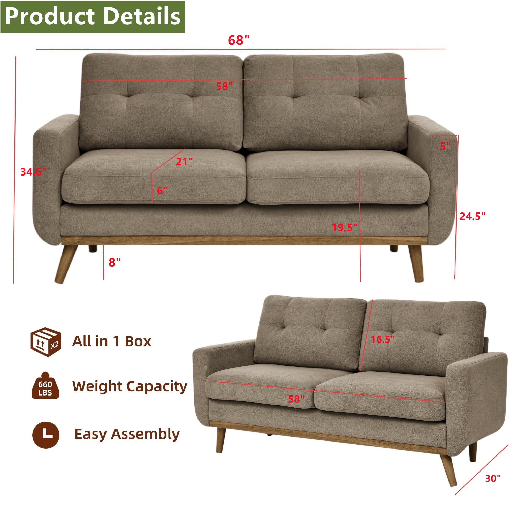 Aukfa 68" Small Sofa Couch Comfy Mid Century Modern Loveseat Sofa for Living Room Bedroom, Khaki