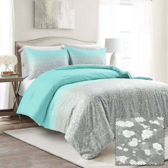 Lush Decor Glitter Ombre Metallic Print Comforter Aqua/Gray 5Pc Set Full/Queen