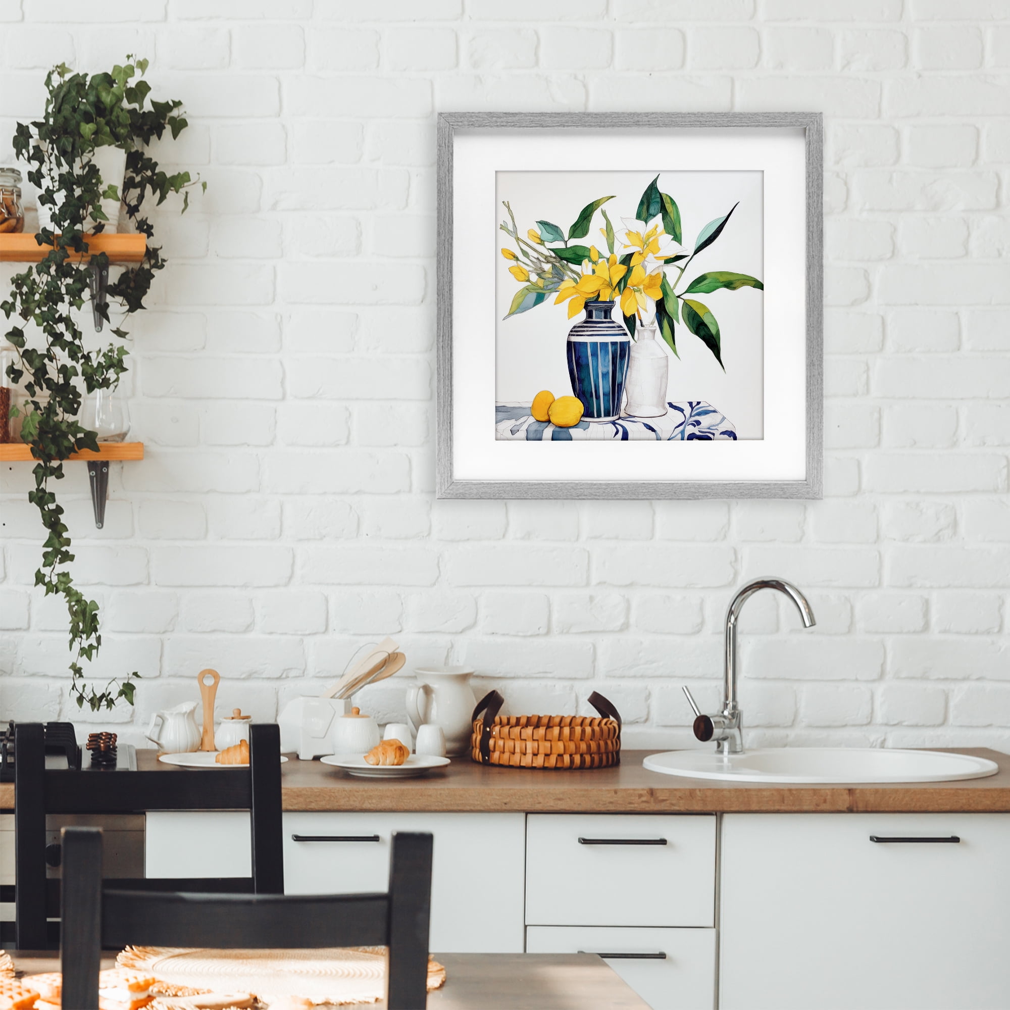 Stupell Industries Lemons And Blooms Table Gray Framed Print Under Glass, design by Ray Powers