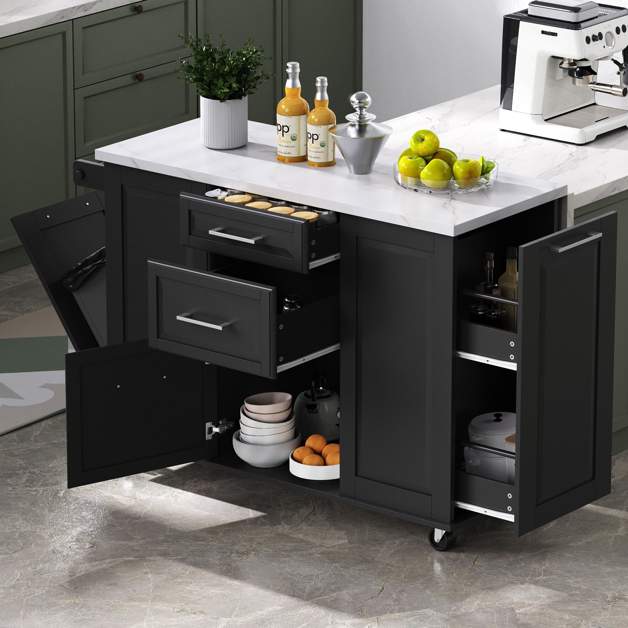 AENKYO 50.7'' Kitchen Island Cart with Drop Leaf, Hidden Trash Cabinet, Pull-Out Organizer, and Lockable Wheels, Black