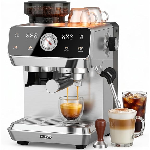 MOEFO Espresso Machine with Grinder, 20 Bar Programmable Semi-Automatic Coffee Maker, Visual Pressure Gauge & Touchscreen, Compact Design with 44-Grind Settings, Make Americano, Latte