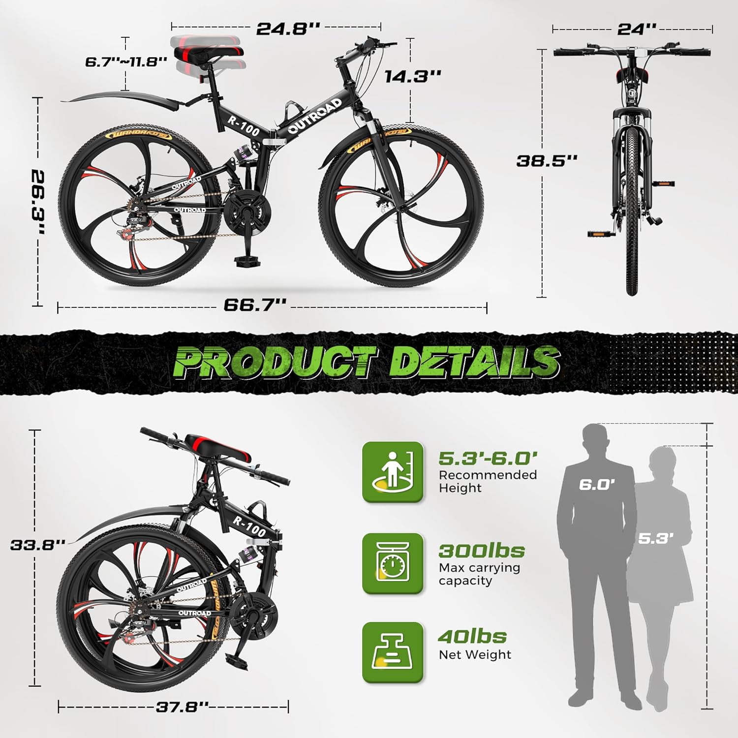 SUNCROWN 26 Inch Folding Mountain Bike, 21 Speed Full Suspension High-Carbon Steel MTB Foldable Bicycle, Dual Disc Brake Non-Slip Folding Bikes for Adults/Men/Women, Black