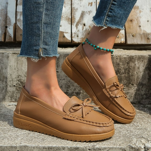 Aayomet Woven Shoes Women Ladies Fashion Solid Color Breathable Leather Bow Decorated Flat Casual Single Shoes,Khaki 7.5