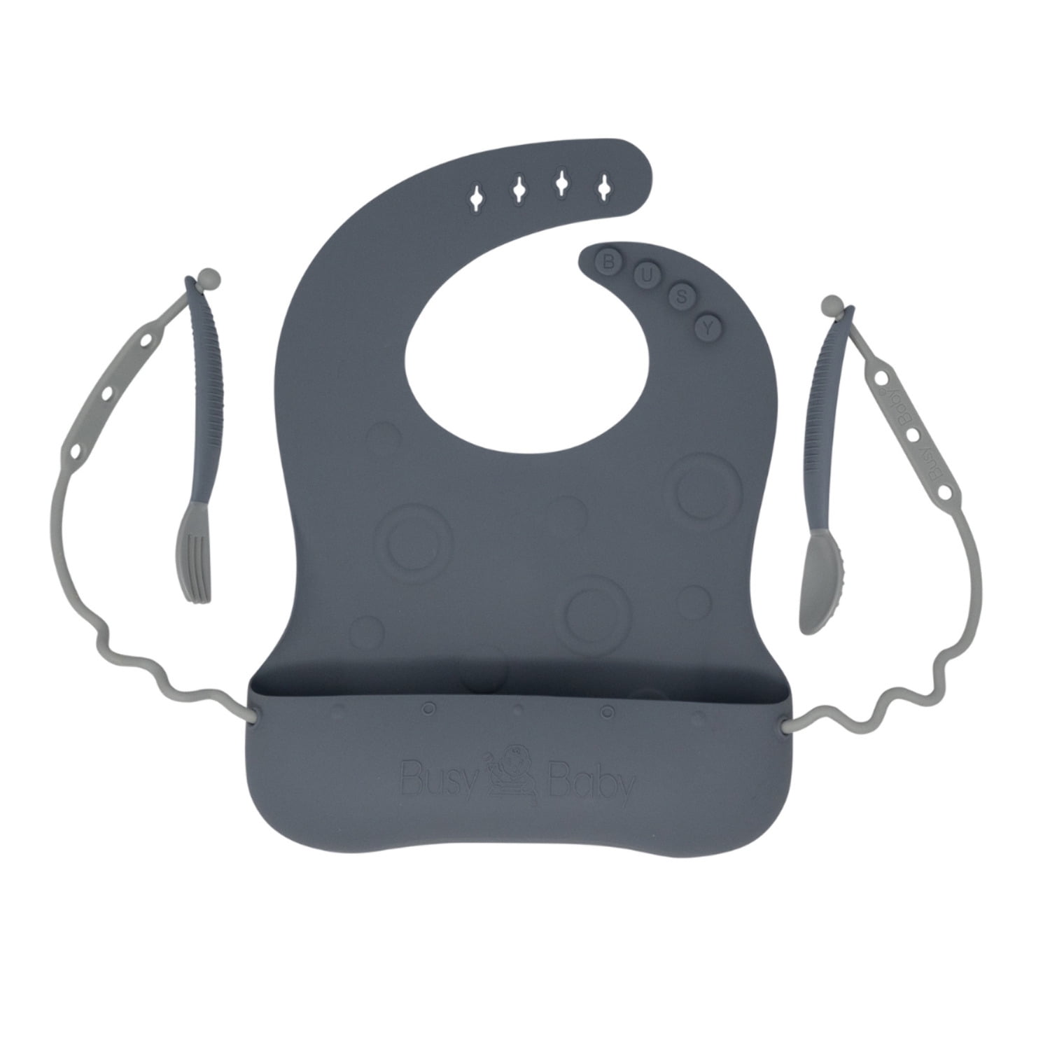 Busy Baby Silicone, BPA-Free Toddler and Baby Bib with Food Catcher, Utensils and Straps, Pewter