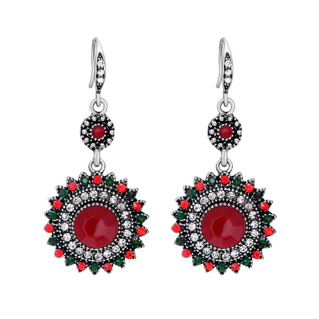 1 par de pendientes bohemios de estilo étnico con diseño floral, largos, colgantes, color plata y rojo oscuro