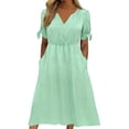 thumbnail image 2 of Women's Short Sleeve Dresses with Pockets Plus Size Multi-Color Satin Zipper V-Neck Dress, 2 of 9