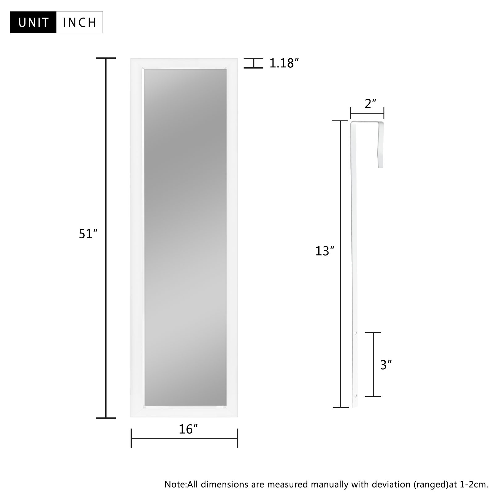 51"*16" Full Length Over The Door Mirror Hanging Mirror for Bedroom Dorm Room White