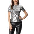 thumbnail image 1 of INSPIRE CHIC Women's Party Metallic Textured Short Sleeve Shiny Multicolor Top Dark Silver L, 1 of 4