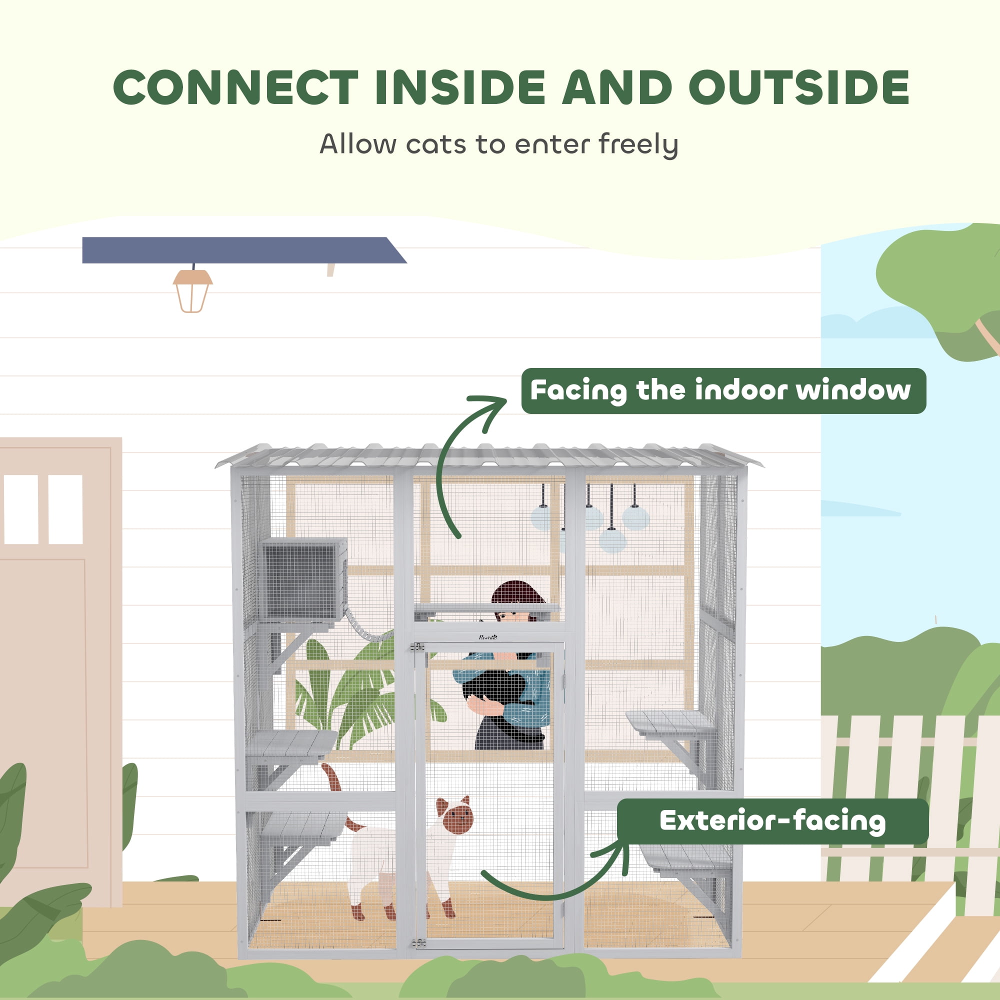 PawHut Catio, Outdoor Cat Enclosure Window Box Wooden Cat House w/ Weather Protection Roof for 2 Kitties with Resting Box, Platforms & Bridge, White