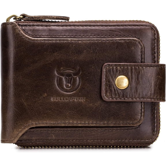 BULLCAPTAIN Men Zipper Around Wallet Genuine Leather RFID Blocking Bifold Large Capacity Coin Purse with ID Window (Black)