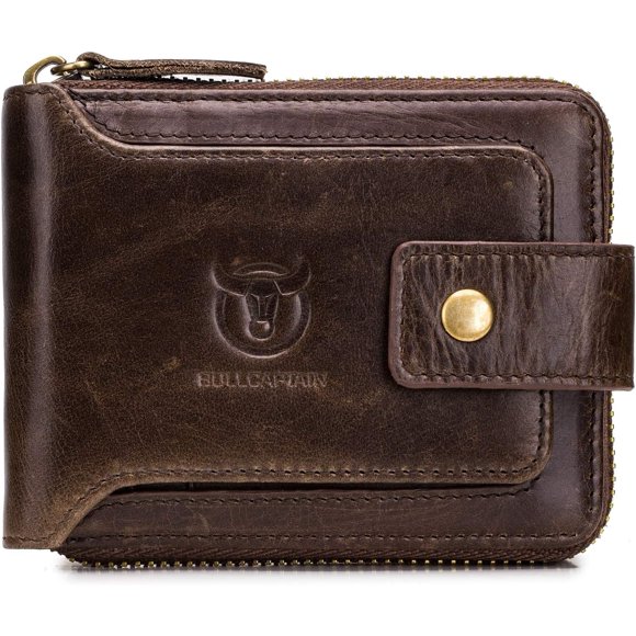BULLCAPTAIN Men Zipper Around Wallet Genuine Leather RFID Blocking Bifold Large Capacity Coin Purse with ID Window (Black)