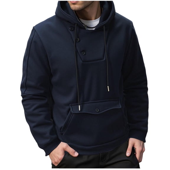 asjyhkr Hoodies for Men Fall Winter Casual Outdoor Sweatshirt 1/4 Button Drawstring Soft Pullover with Pocket(X-Large,Navy)