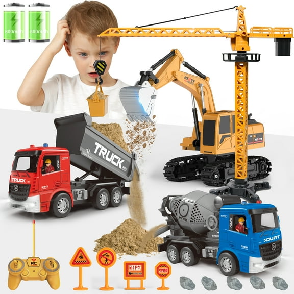 Remote Control Excavator and Dump Truck Toy Set - RC Construction Vehicles Toy with Road Signs, Simulated Rocks, Lights and Sounds, Present for Toddlers 3-12 Year Boys Girls