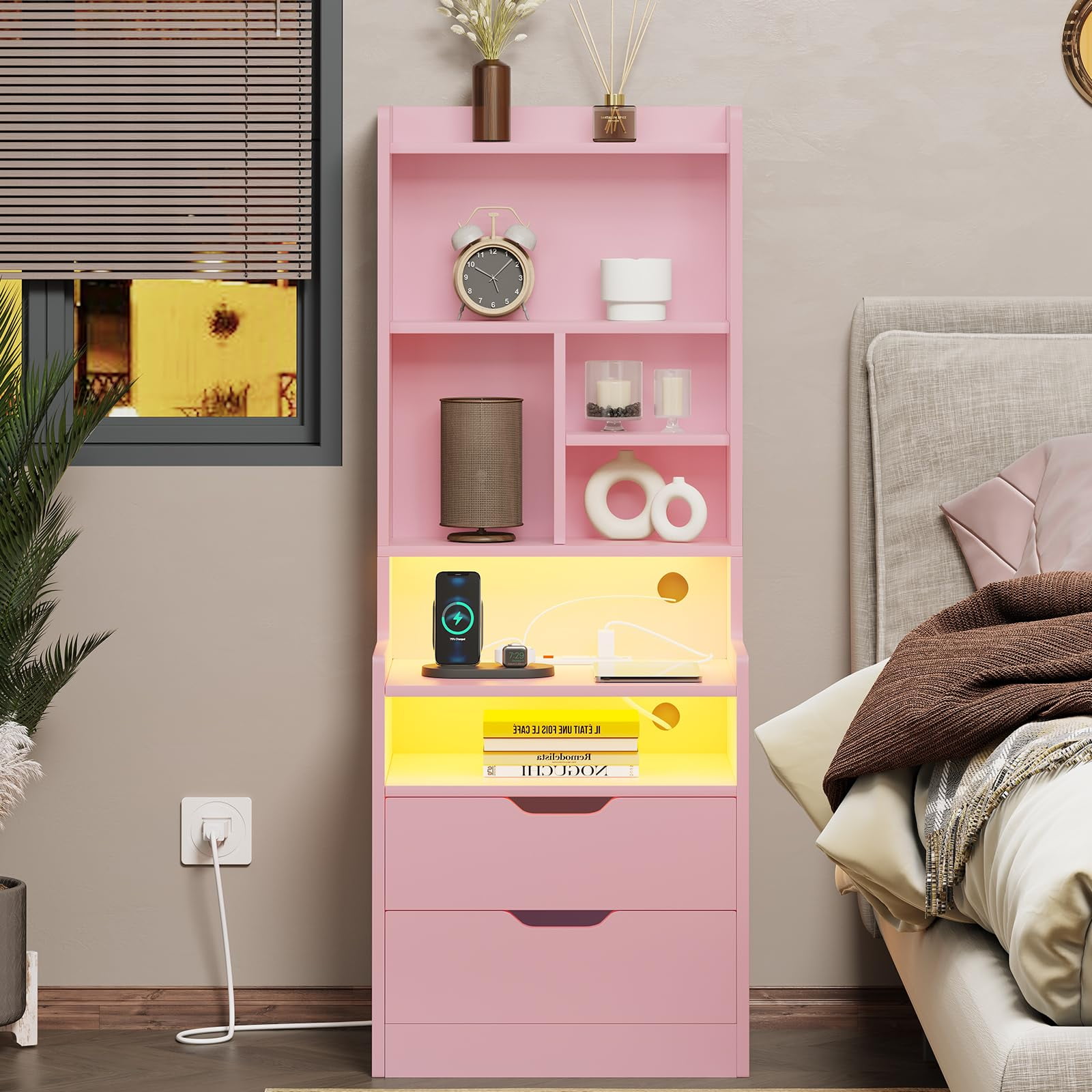 Tall Nightstand with Charging Station and LED Lights,Nightstand with Bookshelf,Bedside Table with Drawers & Power Outlets,End Side Table,Pink
