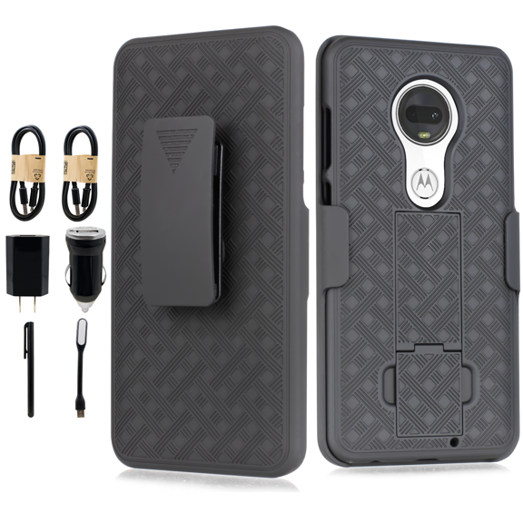 Value Pack for 6.2" Motorola Moto G7 Holster Belt Clip Kickstand Hybrid Shock Bumper Screen Protector Dual Layer Raised Bevel Design Enhance Camera Aim At All Buttons & Sockets Case   [Black]