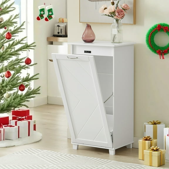 VECELO Kitchen Trash Can Cabinet, 10-13 Gallon Wooden Tilt Out Storage Can Holder Garbage Recycling Cabinet, White