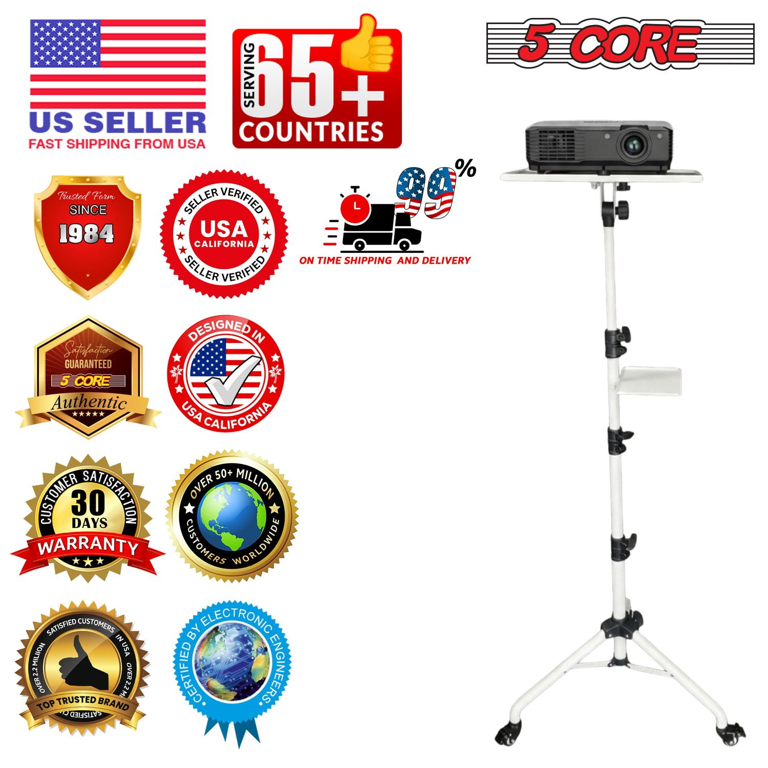 3-in-1 Adjustable Projector Stand with 2 Shelves & Phone Holder, Portable Tripod Laptop Cart, Height 29.5 to 71 Inches, Holds up to 33 lb
