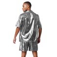 thumbnail image 2 of TiaoBug Men's 2 Piece Summer Outfits Shiny Glossy Semi-Sheer Button Down Shirts and Casual Shorts Set Silver M, 2 of 7