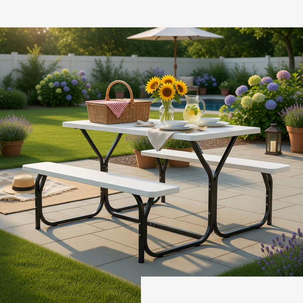 Hommoo Outdoor Picnic Table and Bench Set, HDPE Weather-Resistant Folding Patio Table with 2 Benches, White
