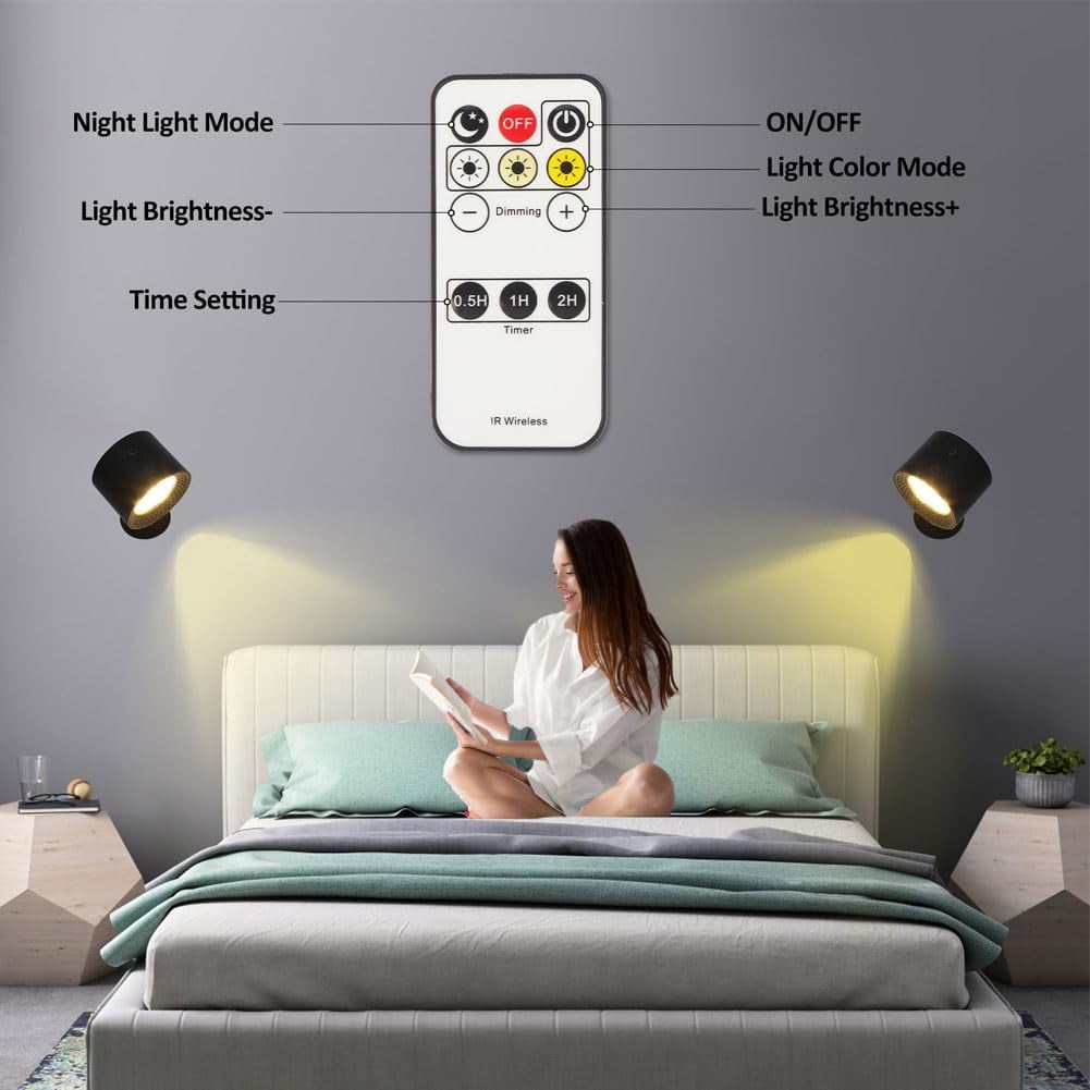 Smart Lights Wall Lamp, LED Wall Light for Pictures, Rechargeable 3 Color Temperatures Dimmable Magnetic 360° Rotation Cordless Wall Sconce for Study Bedroom Reading Hallway Bedside (2Set Black)