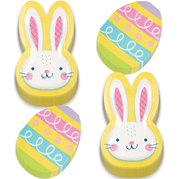Easter Party Supplies - Eggcellent Yellow Bunny-Shaped Paper Dessert Plates and Egg-Shaped Napkins (Serves 16)